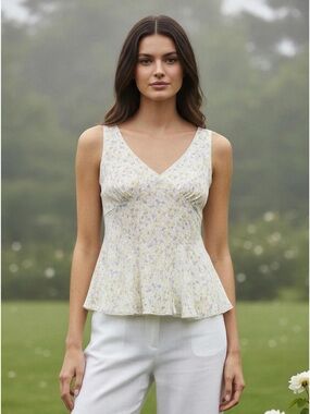 La Peche Floral V-Neck Tank Top in White with Yellow & Lavender‎ coquette